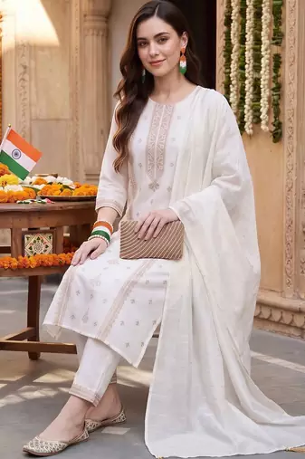 women ethnic motifs embroidered regular thread work kurta with trousers & with dupatta