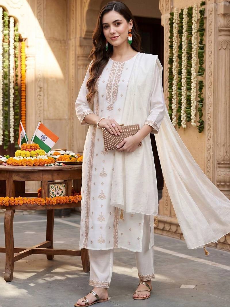 women ethnic motifs embroidered regular thread work kurta with trousers & with dupatta