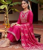 women ethnic motifs embroidered regular thread work kurta with trousers & with dupatta
