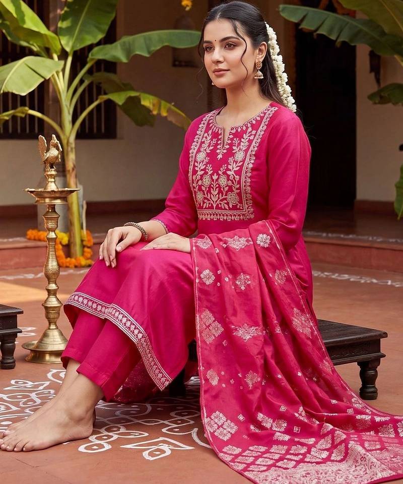 women ethnic motifs embroidered regular thread work kurta with trousers & with dupatta