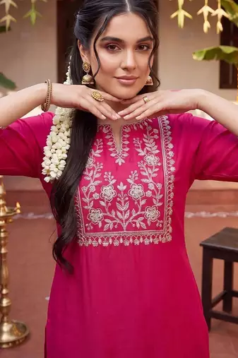 women ethnic motifs embroidered regular thread work kurta with trousers & with dupatta