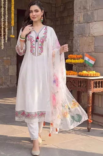 women floral embroidered regular thread work kurta with trousers & with dupatta