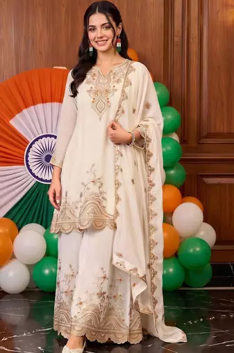 women ethnic motifs embroidered regular thread work kurta with palazzos & with dupatta