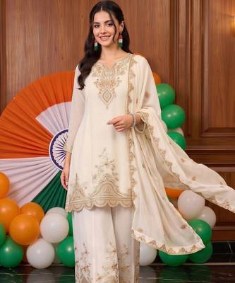 women ethnic motifs embroidered regular thread work kurta with palazzos & with dupatta 3