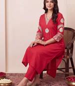 women ethnic motifs embroidered regular thread work kurta with trousers