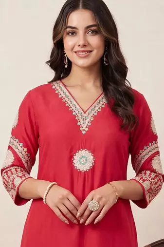 women ethnic motifs embroidered regular thread work kurta with trousers