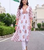 women ethnic motifs printed empire thread work cotton kurta with trousers