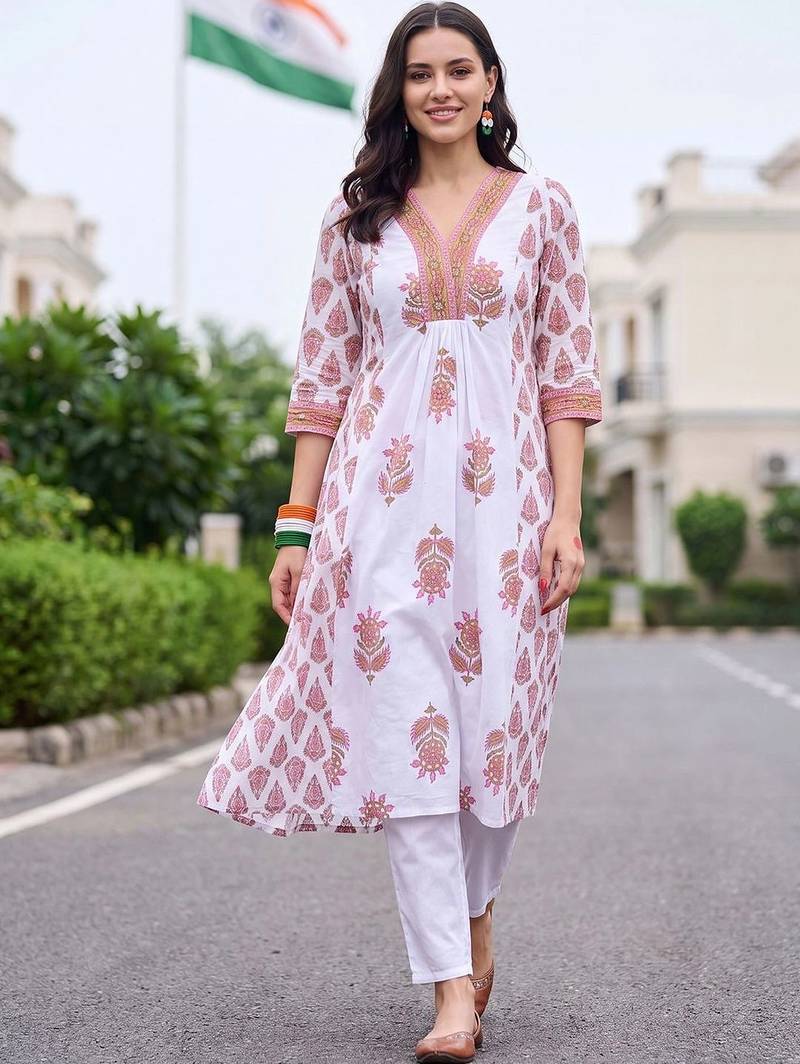 women ethnic motifs printed empire thread work cotton kurta with trousers