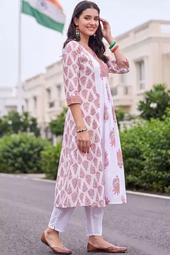 women ethnic motifs printed empire thread work cotton kurta with trousers