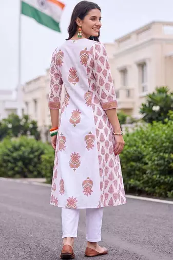 women ethnic motifs printed empire thread work cotton kurta with trousers