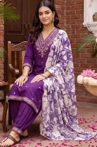 women ethnic motifs embroidered regular thread work kurta with trousers & with dupatta