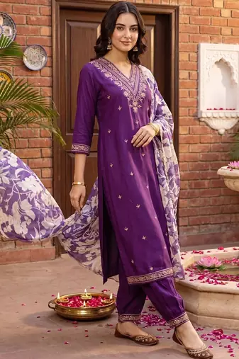 women ethnic motifs embroidered regular thread work kurta with trousers & with dupatta
