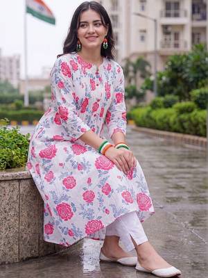 women floral printed pleated cotton kurta with trousers 1