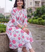 women floral printed pleated cotton kurta with trousers