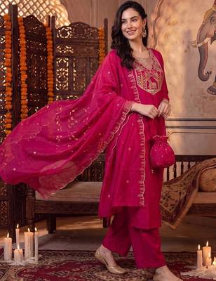 women ethnic motifs embroidered regular thread work kurta with trousers & with dupatta 1