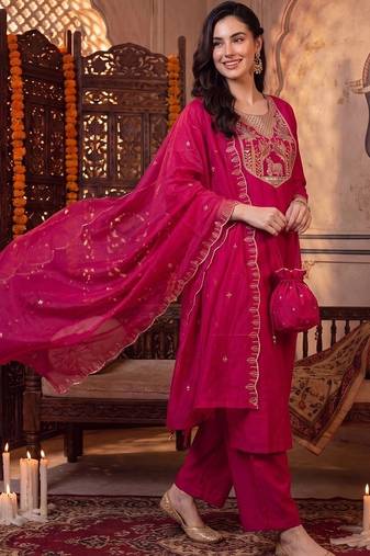 women ethnic motifs embroidered regular thread work kurta with trousers & with dupatta