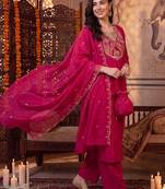 women ethnic motifs embroidered regular thread work kurta with trousers & with dupatta