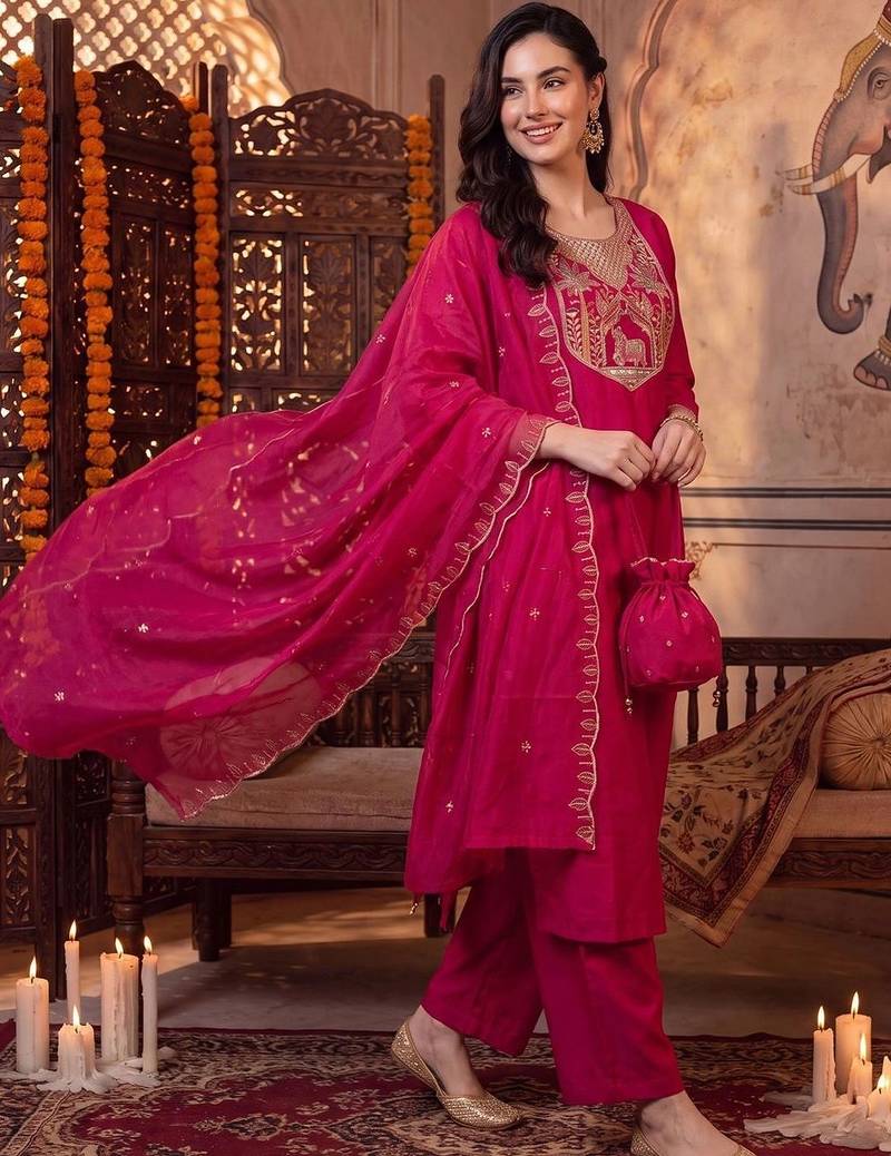 women ethnic motifs embroidered regular thread work kurta with trousers & with dupatta