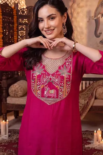 women ethnic motifs embroidered regular thread work kurta with trousers & with dupatta