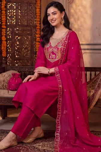 women ethnic motifs embroidered regular thread work kurta with trousers & with dupatta