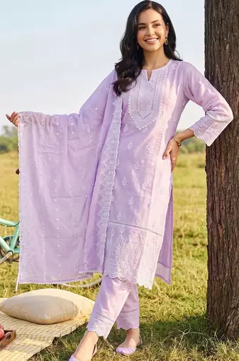 women ethnic motifs embroidered regular chikankari cotton kurta with trousers & with dupatta