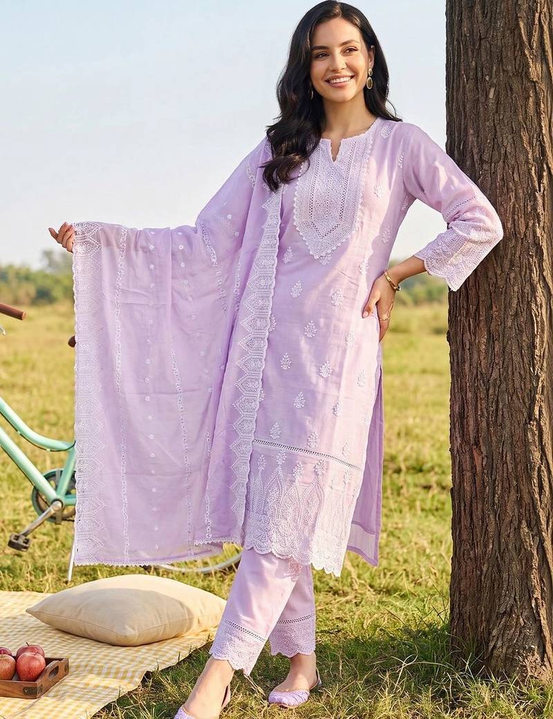 women ethnic motifs embroidered regular chikankari cotton kurta with trousers & with dupatta
