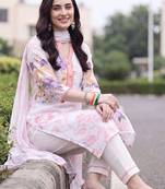women floral printed regular linen kurta with trousers & with dupatta
