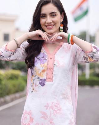 women floral printed regular linen kurta with trousers & with dupatta 2