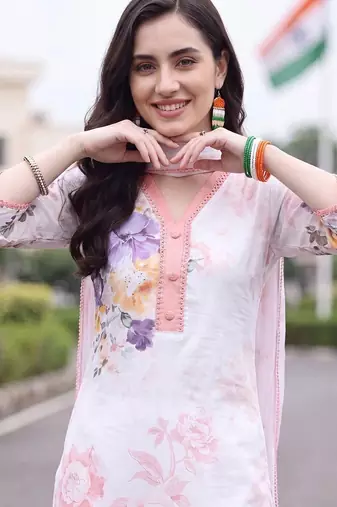 women floral printed regular linen kurta with trousers & with dupatta