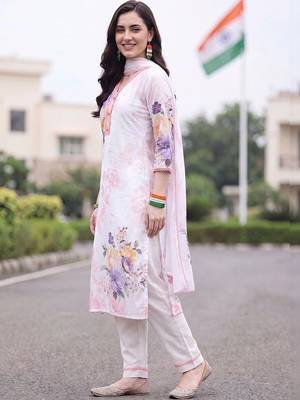 women floral printed regular linen kurta with trousers & with dupatta 4