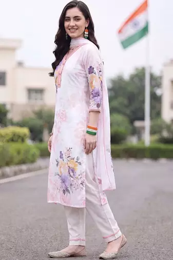 women floral printed regular linen kurta with trousers & with dupatta