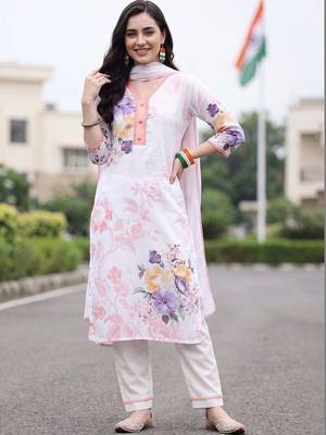 women floral printed regular linen kurta with trousers & with dupatta 5