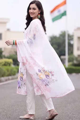women floral printed regular linen kurta with trousers & with dupatta