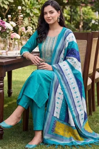 women ethnic motifs embroidered regular thread work kurta with trousers & with dupatta