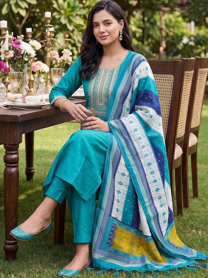 women ethnic motifs embroidered regular thread work kurta with trousers & with dupatta