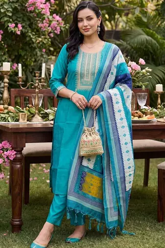 women ethnic motifs embroidered regular thread work kurta with trousers & with dupatta