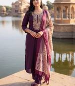 women ethnic motifs embroidered regular thread work kurta with trousers & with dupatta