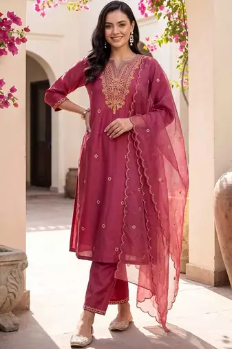 women ethnic motifs embroidered regular thread work kurta with trousers & with dupatta