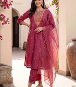 women ethnic motifs embroidered regular thread work kurta with trousers & with dupatta