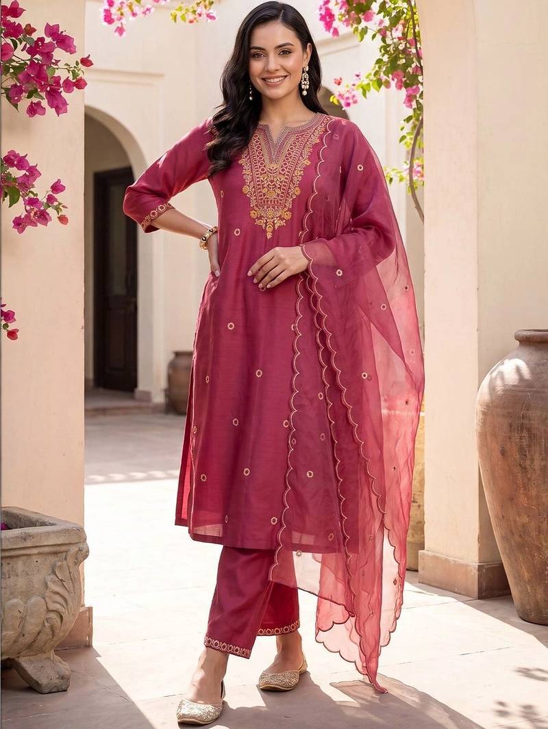 women ethnic motifs embroidered regular thread work kurta with trousers & with dupatta