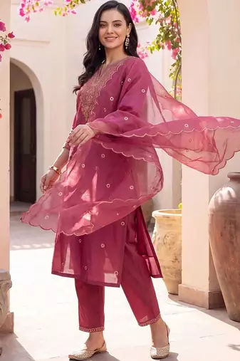 women ethnic motifs embroidered regular thread work kurta with trousers & with dupatta