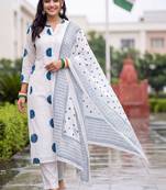 women printed regular cotton kurta with trousers & with dupatta