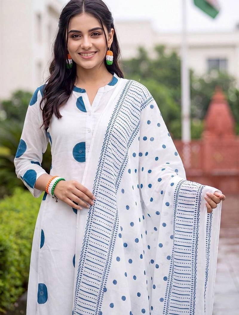 women printed regular cotton kurta with trousers & with dupatta