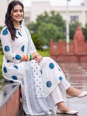 women printed regular cotton kurta with trousers & with dupatta 5