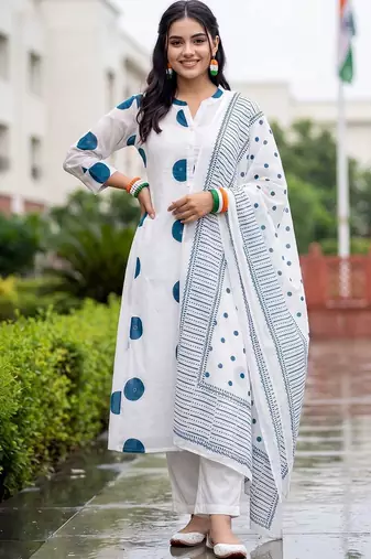 women printed regular cotton kurta with trousers & with dupatta