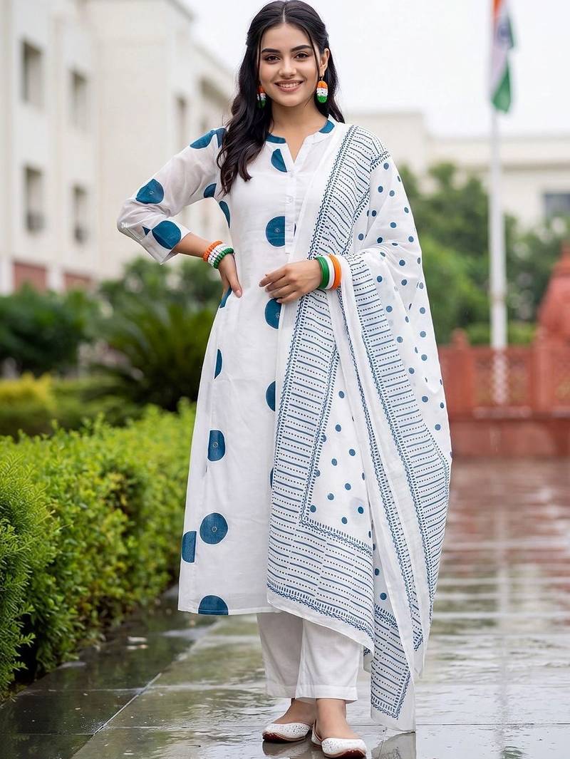 women printed regular cotton kurta with trousers & with dupatta
