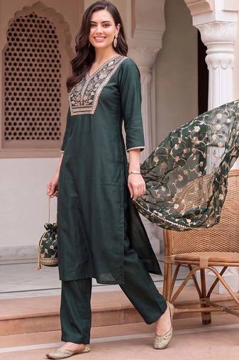 women ethnic motifs embroidered regular thread work liva kurta with trousers & with dupatta