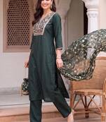 women ethnic motifs embroidered regular thread work liva kurta with trousers & with dupatta