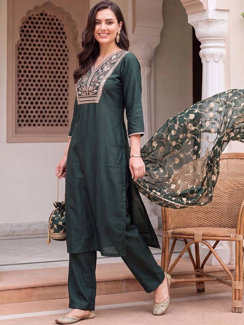 women ethnic motifs embroidered regular thread work liva kurta with trousers & with dupatta