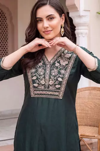 women ethnic motifs embroidered regular thread work liva kurta with trousers & with dupatta
